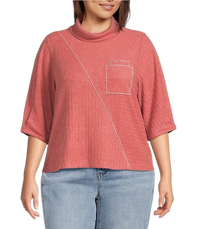 Democracy Plus Size Knit Mock Neck Pleated Elbow Sleeve Chest Pocket Top