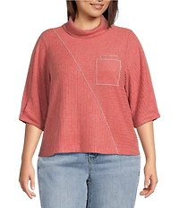 Democracy Plus Size Knit Mock Neck Pleated Elbow Sleeve Chest Pocket Top