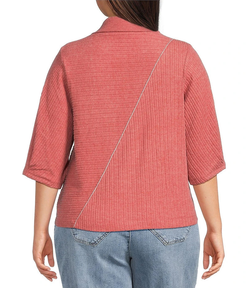 Democracy Plus Size Knit Mock Neck Pleated Elbow Sleeve Chest Pocket Top