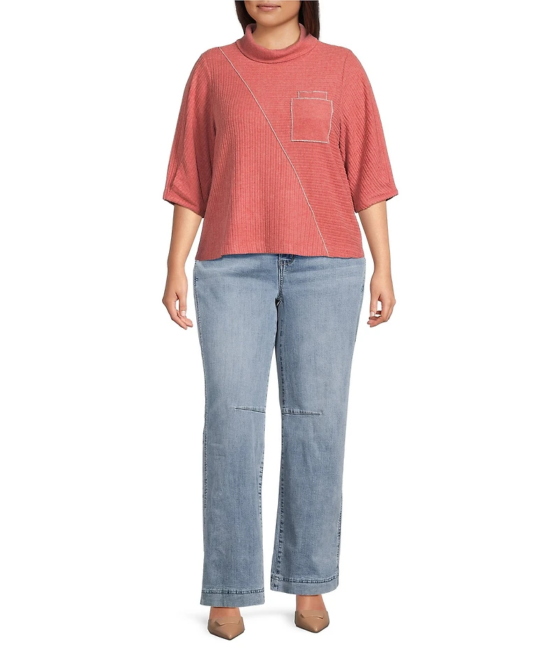 Democracy Plus Size Knit Mock Neck Pleated Elbow Sleeve Chest Pocket Top
