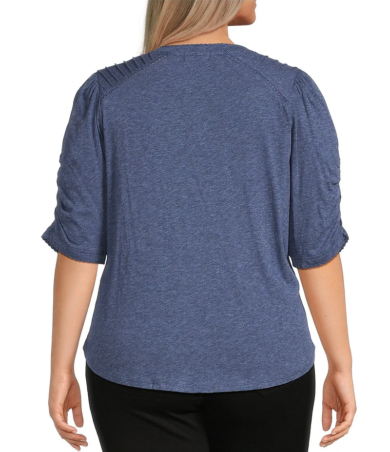 Democracy Plus Size Knit Scallop V-Neck Elbow Ruched Sleeve Crochet Detail Top