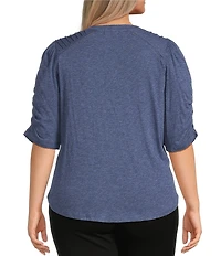 Democracy Plus Size Knit Scallop V-Neck Elbow Ruched Sleeve Crochet Detail Top