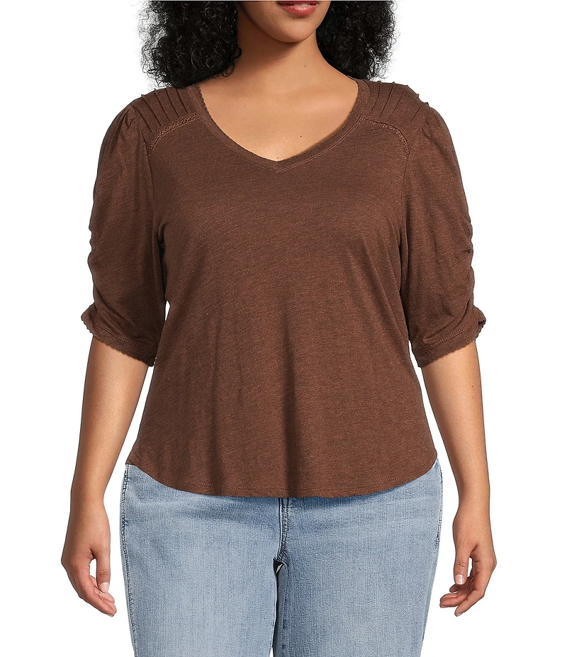Democracy Plus Size Knit Scallop V-Neck Elbow Ruched Sleeve Crochet Detail Top
