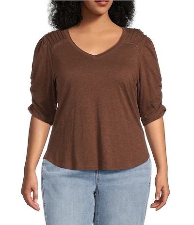 Democracy Plus Size Knit Scallop V-Neck Elbow Ruched Sleeve Crochet Detail Top