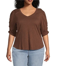 Democracy Plus Size Knit Scallop V-Neck Elbow Ruched Sleeve Crochet Detail Top