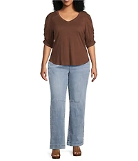 Democracy Plus Size Knit Scallop V-Neck Elbow Ruched Sleeve Crochet Detail Top
