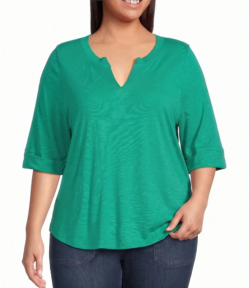 Democracy Plus Size Knit Split V-Neck Elbow Sleeve Top