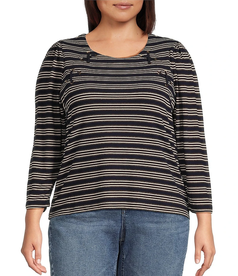 Democracy Plus Size Knit Stripe Lace up Yoke Detail Scoop Neck 3/4 Sleeve Top