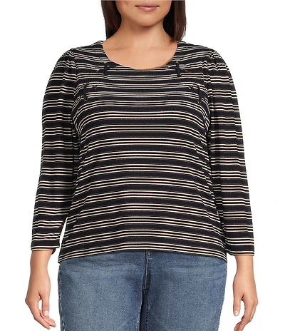 Democracy Plus Size Knit Stripe Lace up Yoke Detail Scoop Neck 3/4 Sleeve Top