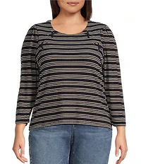 Democracy Plus Size Knit Stripe Lace up Yoke Detail Scoop Neck 3/4 Sleeve Top