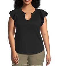 Democracy Plus Size Mix-Media Split V-Neck Cap Sleeve Shirttail Hem Knit Top