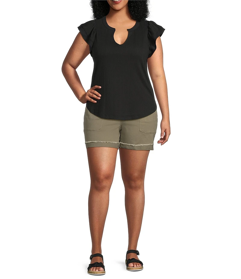 Democracy Plus Size Mix-Media Split V-Neck Cap Sleeve Shirttail Hem Knit Top