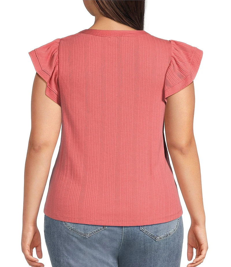 Democracy Plus Size Mix-Media Split V-Neck Cap Sleeve Shirttail Hem Knit Top