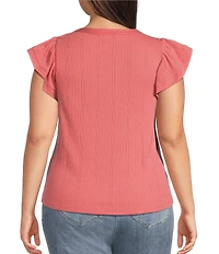 Democracy Plus Size Mix-Media Split V-Neck Cap Sleeve Shirttail Hem Knit Top