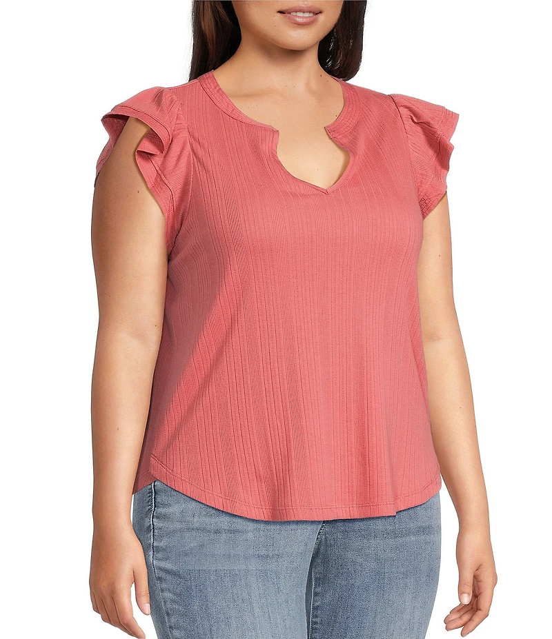 Democracy Plus Size Mix-Media Split V-Neck Cap Sleeve Shirttail Hem Knit Top