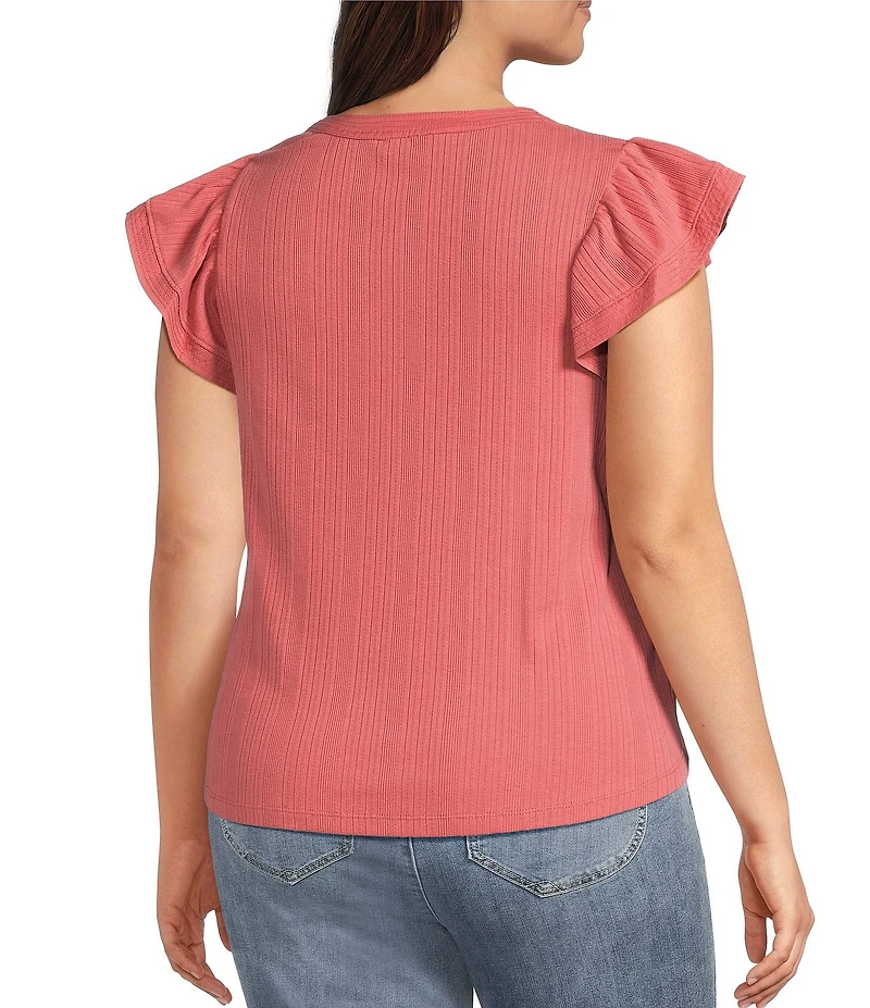 Democracy Plus Size Mix-Media Split V-Neck Cap Sleeve Shirttail Hem Knit Top