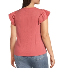 Democracy Plus Size Mix-Media Split V-Neck Cap Sleeve Shirttail Hem Knit Top