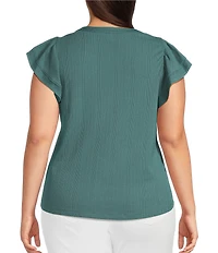 Democracy Plus Size Mix-Media Split V-Neck Cap Sleeve Shirttail Hem Knit Top