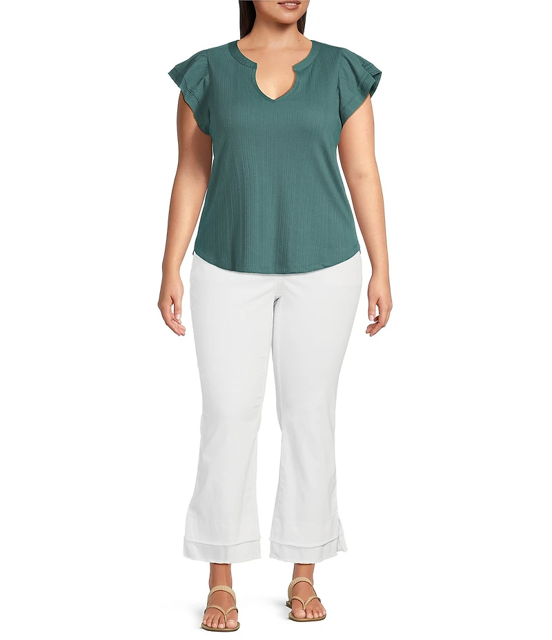 Democracy Plus Size Mix-Media Split V-Neck Cap Sleeve Shirttail Hem Knit Top