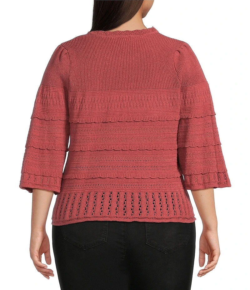 Democracy Plus Size Mix Stitch Knit Scallop Round Neck 3/4 Sleeve Sweater