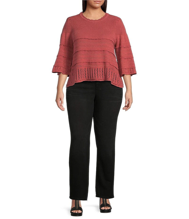 Democracy Plus Size Mix Stitch Knit Scallop Round Neck 3/4 Sleeve Sweater