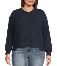 Democracy Plus Size Mixed Media Knit Embroidered Faux Pearl Scoop Neck Long Sleeve Top