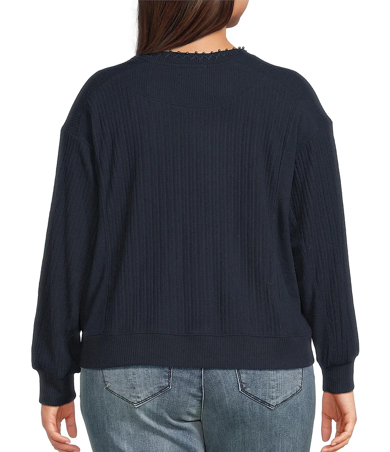 Democracy Plus Size Mixed Media Knit Embroidered Faux Pearl Scoop Neck Long Sleeve Top