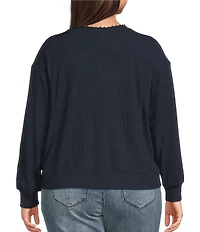 Democracy Plus Size Mixed Media Knit Embroidered Faux Pearl Scoop Neck Long Sleeve Top