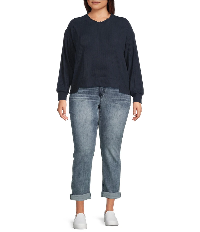 Democracy Plus Size Mixed Media Knit Embroidered Faux Pearl Scoop Neck Long Sleeve Top