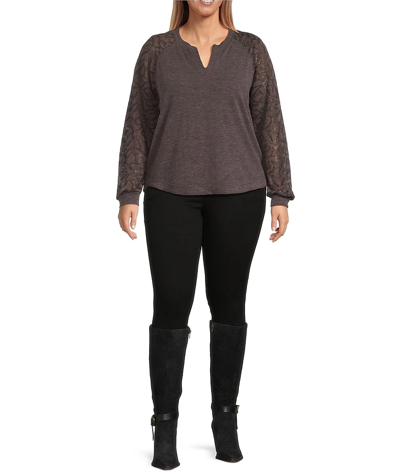Democracy Plus Size Mixed-Media Knit Split Round Neck Long Sleeve Top