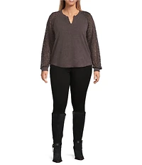 Democracy Plus Size Mixed-Media Knit Split Round Neck Long Sleeve Top