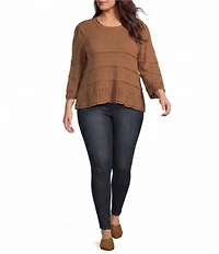 Democracy Plus Size Mixed Stitch Round Neck 3/4 Bell Sleeve Sweater