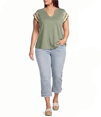 Democracy Plus Size Notch Collar Crochet Cap Sleeve Shirttail Hem Knit Top