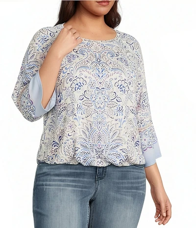 Democracy Plus Size Paisley Floral Boat Neck 3/4 Kimono Sleeve Bubble Hem Top