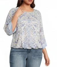 Democracy Plus Size Paisley Floral Boat Neck 3/4 Kimono Sleeve Bubble Hem Top