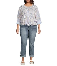 Democracy Plus Size Paisley Floral Boat Neck 3/4 Kimono Sleeve Bubble Hem Top