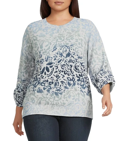 Democracy Plus Size Paisley Round Neck 3/4 Sleeve Sweater Top