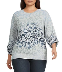 Democracy Plus Size Paisley Round Neck 3/4 Sleeve Sweater Top