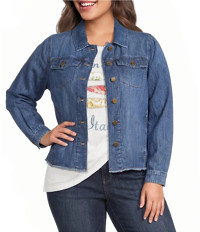 Democracy Plus Size Point Collar Long Puff Sleeve Fray Hem Button-Front Jacket