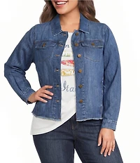 Democracy Plus Size Point Collar Long Puff Sleeve Fray Hem Button-Front Jacket