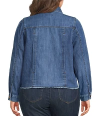 Democracy Plus Size Point Collar Long Puff Sleeve Fray Hem Button-Front Jacket