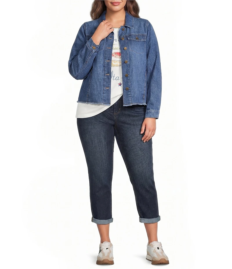 Democracy Plus Size Point Collar Long Puff Sleeve Fray Hem Button-Front Jacket