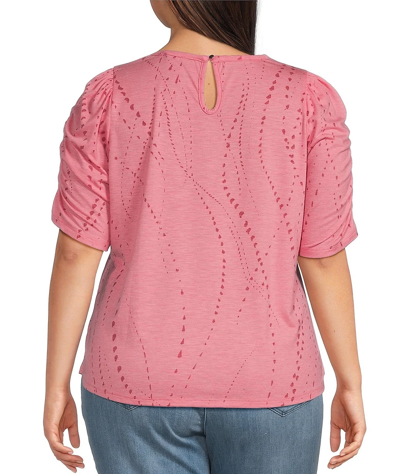 Democracy Plus Size Printed Crew Neck Ruched Elbow Sleeve Top
