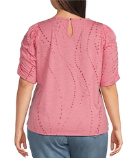 Democracy Plus Size Printed Crew Neck Ruched Elbow Sleeve Top
