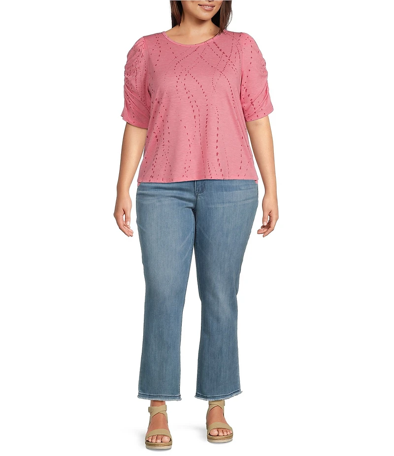 Democracy Plus Size Printed Crew Neck Ruched Elbow Sleeve Top