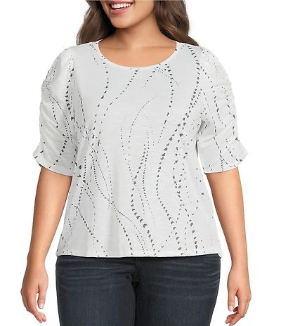 Democracy Plus Size Printed Crew Neck Ruched Elbow Sleeve Top