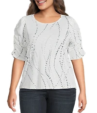 Democracy Plus Size Printed Crew Neck Ruched Elbow Sleeve Top