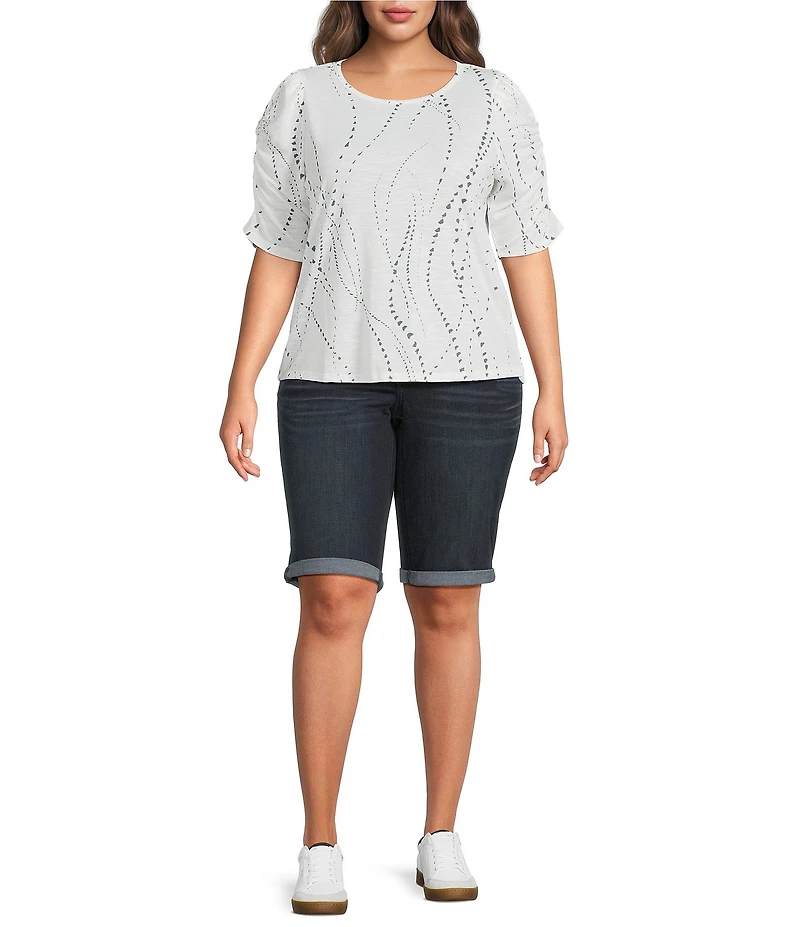 Democracy Plus Size Printed Crew Neck Ruched Elbow Sleeve Top