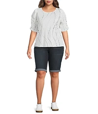 Democracy Plus Size Printed Crew Neck Ruched Elbow Sleeve Top