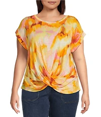 Democracy Plus Size Tie-Dye Print Scoop Neck Short Roll Cuff Sleeve Twist Front Hem Top